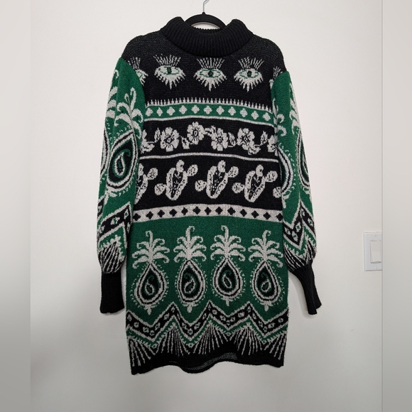 FARM Rio Mystic Scarf Sweater Dress | Green Black Intarsia | M - Picture 2 of 6